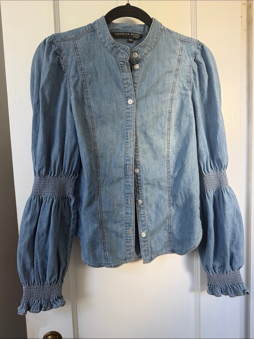 Veronica Beard Denim Puff-Sleeve Button-Up Blouse in Denim Light Blue
